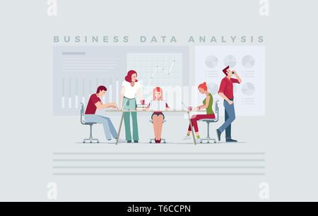 Casual business people team concept for data analysis, planning, strategy, finance, investment, market research. Vector illustration concept for prese Stock Vector