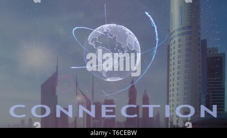 Connection text with 3d hologram of the planet Earth against the backdrop of the modern metropolis Stock Photo