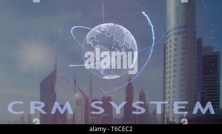 CRM system text with 3d hologram of the planet Earth against the backdrop of the modern metropolis Stock Photo