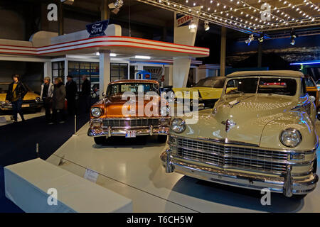1948 Chrysler New Yorker and 1956 Chevrolet Nomad, American classic cars at Autoworld, vintage automobile museum in Brussels, Belgium Stock Photo