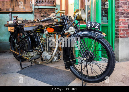 1925 Ready Sport, Belgian 350cc classic motorcycle / oldtimer motorbike in workshop at Autoworld, vintage automobile museum in Brussels, Belgium Stock Photo