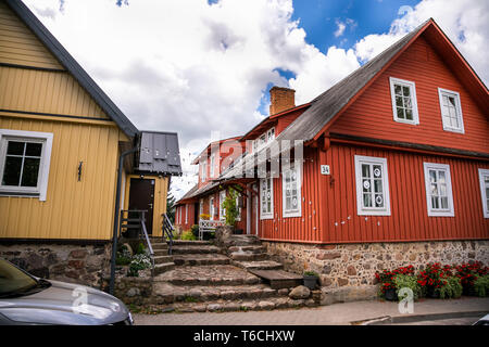 Trakai Island Castle - a popular tourist destination in Lithuania. Antique old house typical for Trakai city. LITHUANIA, VILNIUS, August 2018. Stock Photo