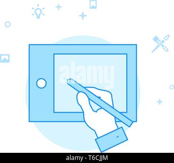 Human Hand Drawing on Graphics Tablet Flat Vector Icon. Design and Creativity Illustration. Light Flat Style. Blue Monochrome Design. Editable Stroke. Stock Vector