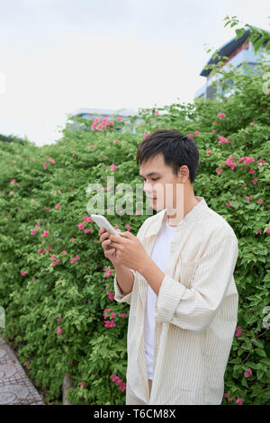 Young asian man in casual clothes on summer day and using smartphone for sending sms Stock Photo