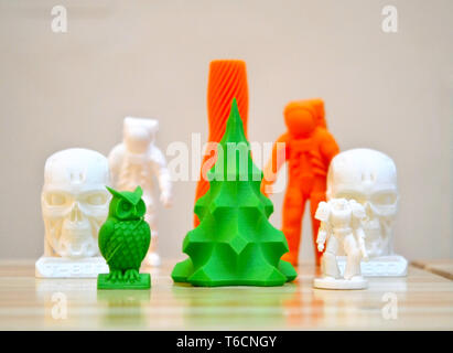 Bright objects printed by a 3d printer close-up. Copy spase, spase for text. Stock Photo