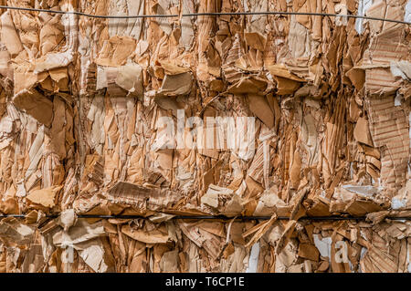 Stack of pressed corrugated cardboards ready for recycling Stock Photo