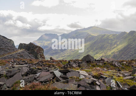 View of Snowdon from Dinorwic Slate Quarry. Snowdonia, Wales, UK, Stock Photo