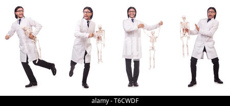 Funny teacher with skeleton isolated on white Stock Photo