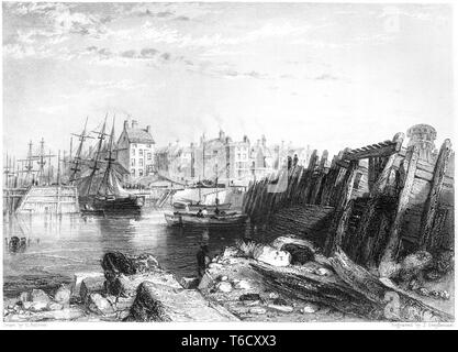 An engraving of Burlington Quay, Bridlington scanned at high resolution from a book published in 1842.  Believed copyright free. Stock Photo