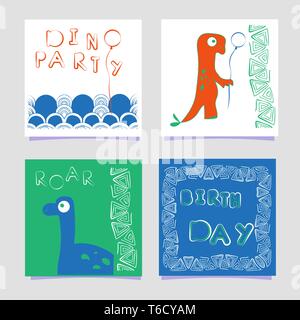 A set of templates dino print lettering cards. Dinosaur with a balloon. In doodle style. Hand drawn poster for birthday, anniversary, party invitation Stock Vector