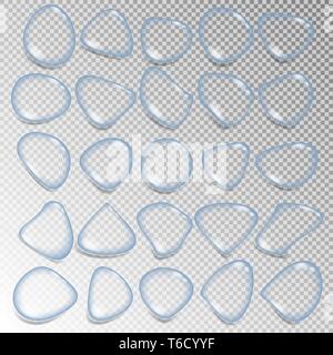 Set of realistic clear water drops. Various shapes for water condensate design, splash. Stock Vector