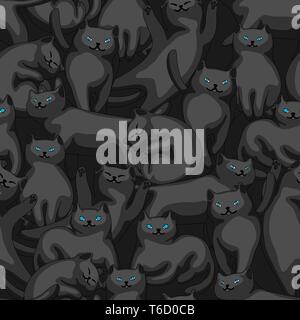 Seamless pattern with cartoon black cats. Cute pets stylized background. Stock Vector