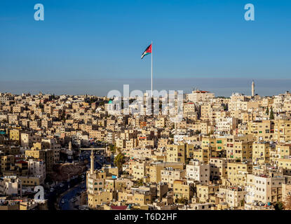 Cityscape with Raghadan Flagpole seen from Citadel Hill, Amman, Amman Governorate, Jordan Stock Photo