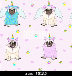 cute seamless pattern with unicorn pug dogs, paw print, stars and hearts, transparent background Stock Vector