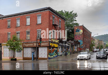 Montreal, Canada -June 24, 2018- Creative graffiti street art murals line the streets and back alleys of Montreal, the largest city in Quebec. Stock Photo