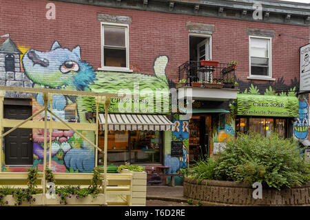 Montreal, Canada -June 24, 2018- Creative graffiti street art murals line the streets and back alleys of Montreal, the largest city in Quebec. Stock Photo