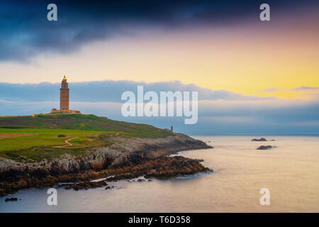 Spain, Galicia, La Coruna, Torre de Hercules illuminated at night Stock Photo