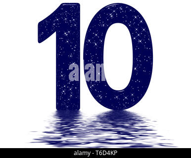 Numeral 10, ten, one, zero, star sky texture imitation, reflected on the water surface, isolated on white, 3d render Stock Photo