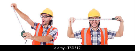 Funny construction worker with tape-line isolated on white Stock Photo