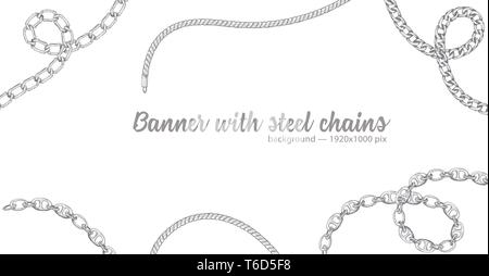 Horizontal web banner with abstract pattern of hand-drawn sketch silver chain isolated on white background. Great design for fashion, textile, jewelry Stock Vector