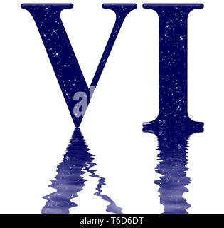 Roman numeral 6, six, star sky texture imitation, reflected on the water surface, isolated on white, 3d render Stock Photo