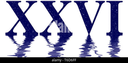 Roman numeral 26, twenty six, star sky texture imitation, reflected on the water surface, isolated on white, 3d render Stock Photo