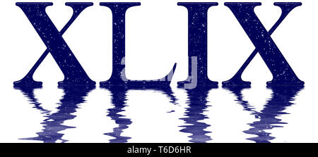 Roman numeral 49, forty nine, star sky texture imitation, reflected on the water surface, isolated on white, 3d render Stock Photo