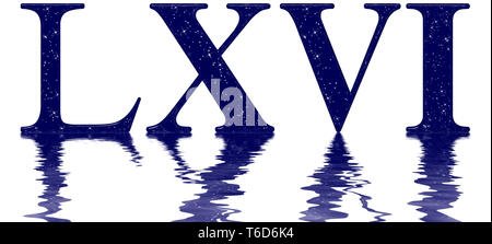 Roman numeral 66, sixty six, star sky texture imitation, reflected on the water surface, isolated on white, 3d render Stock Photo