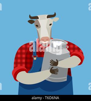 Funny cow holding a can of fresh milk. Dairy farm, cartoon vector illustration Stock Vector