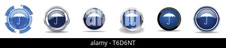 Silver metallic chrome border umbrella vector icons, set of protect web buttons, round blue weather signs in eps 10 Stock Vector