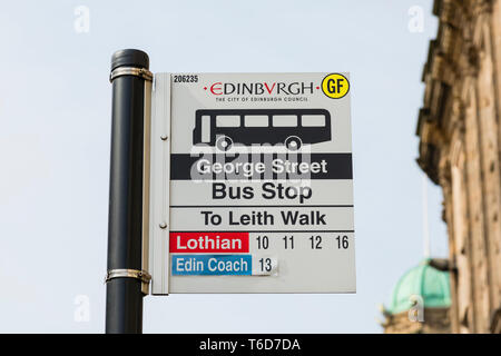 An Edinburgh bus stop sign on George Street, Scotland, UK Stock Photo