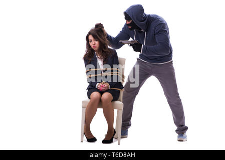 Kidnapper with tied woman isolated on white Stock Photo