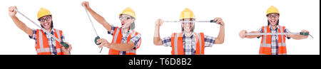 Funny construction worker with tape-line isolated on white Stock Photo