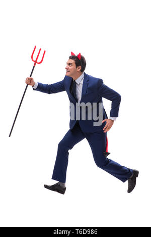 Evil devil businessman with pitchfork isolated on white backgrou Stock Photo