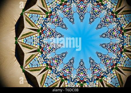 Abstract beach hut image created using a kaleidoscope filter. Stock Photo