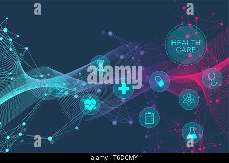 Medical abstract background with health care icons. Medical technology network concept. Connected lines and dots, wave flow, molecules, DNA. Medical Stock Vector