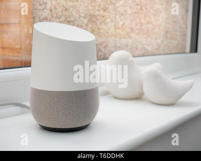 close up of smart home bluetooth speaker device in window Stock Photo
