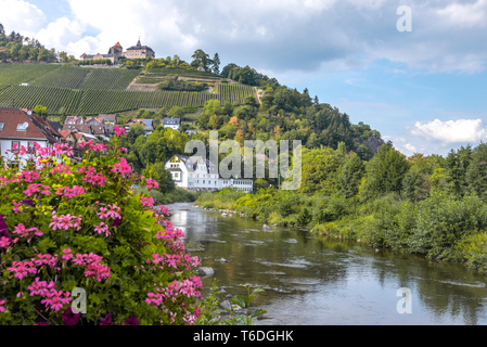 the river Murg and vineyards with castle Eberstein, Germany, town of the Northern Black Forest in the Murg valley, district Gernsbach-Obertsrot Stock Photo