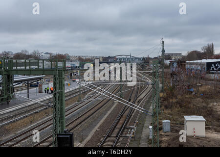 Berlin, Germany- December 12, 2018: view of the train tracks with trains from the Warsaw Bridge , Friedrichshain Stock Photo