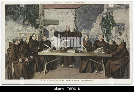 Detroit Publishing Company vintage postcard reproduction of the scene 'Convocation of the Father Superiors', act two of a mission play in San Gabriel, California, 1914. From the New York Public Library. () Stock Photo