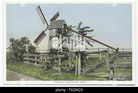 Detroit Publishing Company vintage postcard reproduction of the windmill in Nantucket, Massachusetts, 1914. From the New York Public Library. () Stock Photo