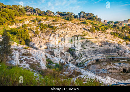 The Roman Amphitheatre of Cagliari, Sardinia, Italy. Built in the 2nd century AD, half carved in the rock of a hill. Stock Photo