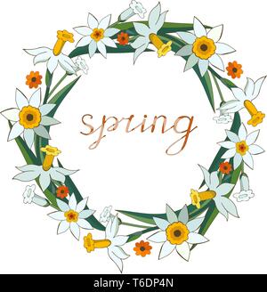 Vector objects isolated on white background. Floral garland, floral wreath made of white daffodils. Narcissus. Calligraphy phrase. Spring. Lettering Stock Vector
