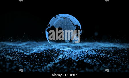 Earth Landscape Particle Business Background. Planet Rotation Future Digital Technology Global Universe Surface. Nebula Space Exploration World Map Concept 3D Render Stock Photo