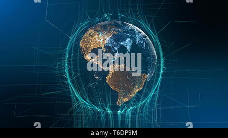 Visible Earth Particle Rotation Technology Concept. Digital Hologram Sight Futuristic Cyberspace Business Background. Abstract Lines Network Grid Outer Space Exploration 3D Animation Stock Photo