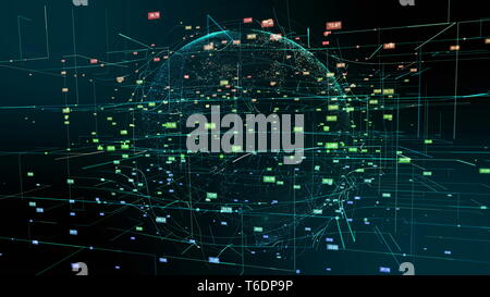 Planet Earth Cyberspace Particle Abstract Motion. Digital Continents Hologram Colorful Fly Dots Data World Network Map. Planet Rotation Outer Space Exploration Business Concept 3D Animation Stock Photo