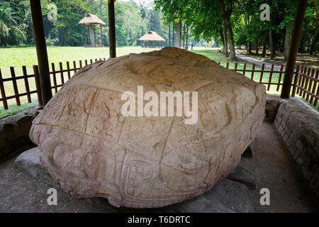 Quirigua UNESCO world Heritage site, GHuatemala Central America - larged carved stone, Zoomorph B, dating from 780 AD Stock Photo