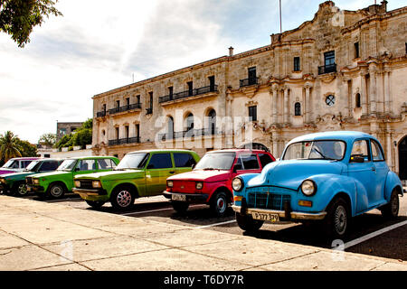 Group of colorful vintage classic cars parked in Old Havana Stock Photo