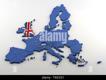 Extruded political Map of European Union and United Kingdom with relief after anticipated Brexit. Textures made of Union Jack and EU flags (with gold Stock Photo