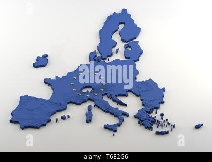 Extruded political Map of European Union with relief without United Kingdom after anticipated Brexit. Texture made of Blue EU flag with gold stars inc Stock Photo